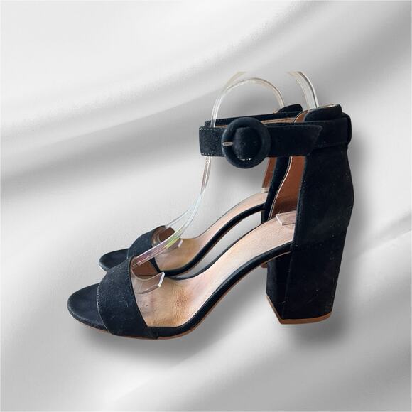 Madewell Regina Sandal Black Suede Block Heel Buckle Size US 8 Ankle Strap - Picture 1 of 8